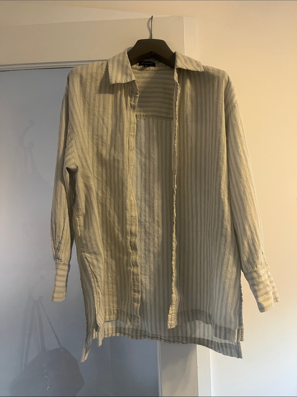 Dynamite Linen-Blend Striped Shirt Jacket in Cream and Beige